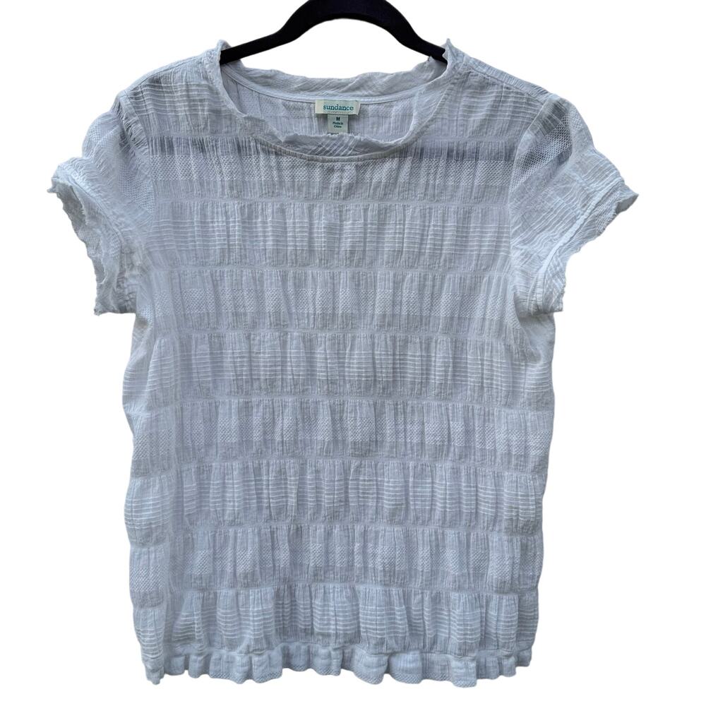 SUNDANCE Women’s Medium White Gauzy Textured Frayed Trim Short Sleeve Shirt Top